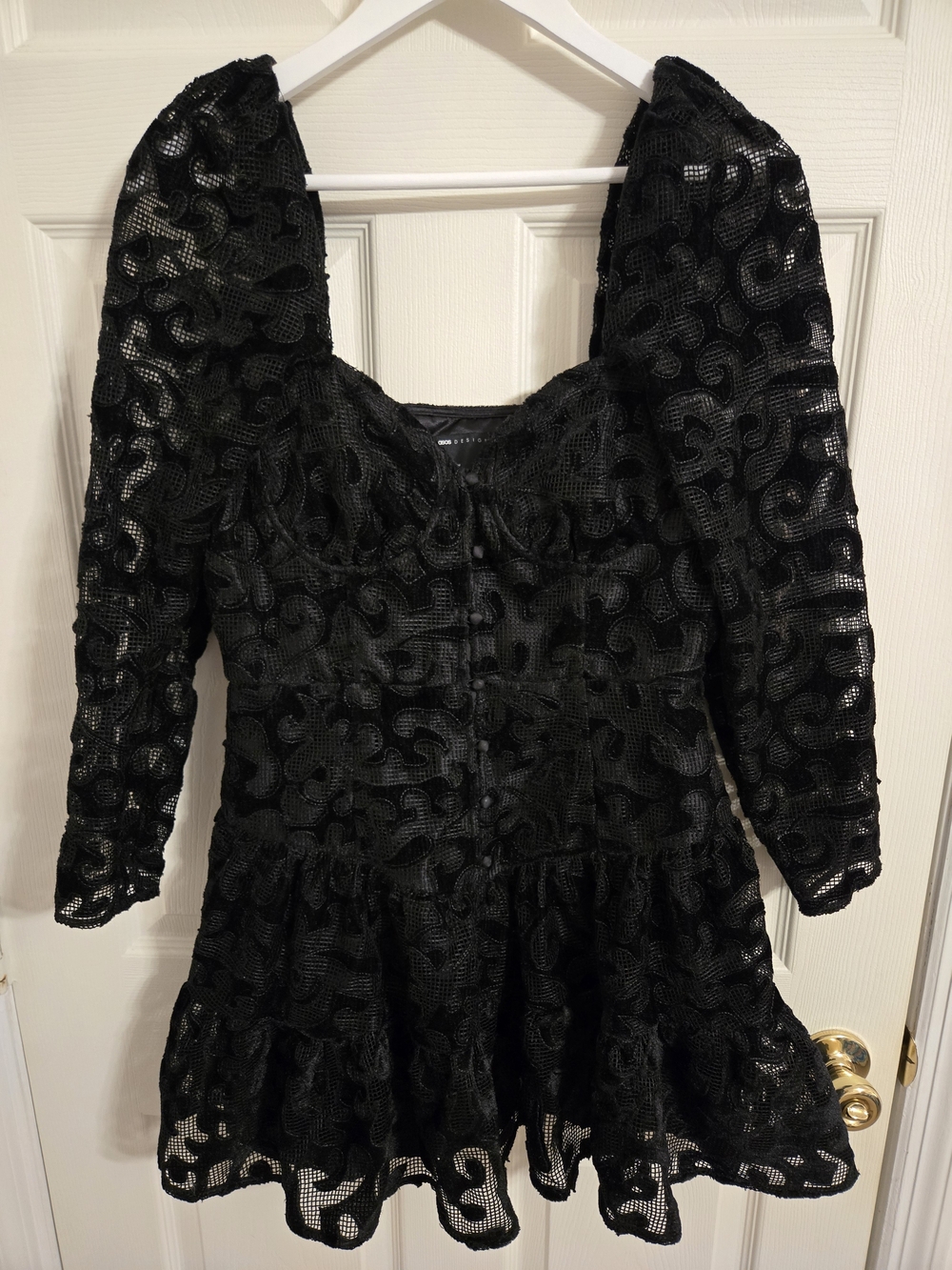 Asos Design Women's Black Lace Velour Long-Sleeve Mini Dress Size 6